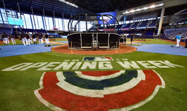 MIAMI, FL - MARCH 28: A general view of warm ups before the game between the Miami Marlins and the ...