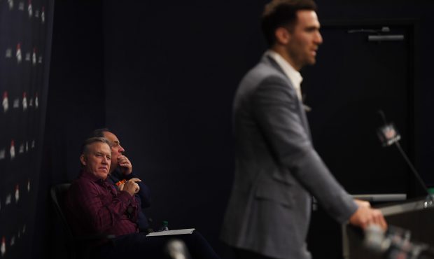 The Denver Broncos Pres. of Football Ops./GM John Elway and Head Coach Vic Fangio listen during a p...