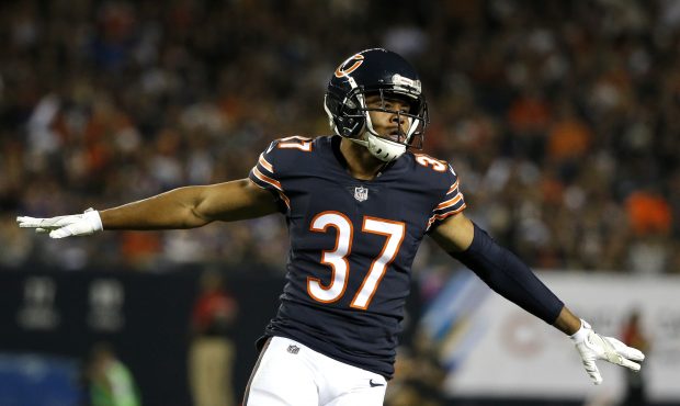 Bryce Callahan #37 of the Chicago Bears celebrates after breaking up a pass against the Minnesota V...