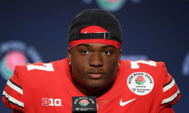 PASADENA, CA - JANUARY 01:  Dwayne Haskins #7 of the Ohio State Buckeyes speaks to the media after ...