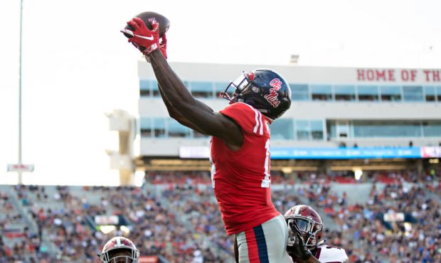 OXFORD, MS - SEPTEMBER 8:  D.K. Metcalf #14 of the Mississippi Rebels catches a pass for a touchdow...