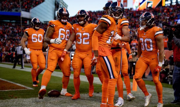 DENVER, CO - NOVEMBER 25:  Wide receiver Emmanuel Sanders #10 of the Denver Broncos celebrates afte...