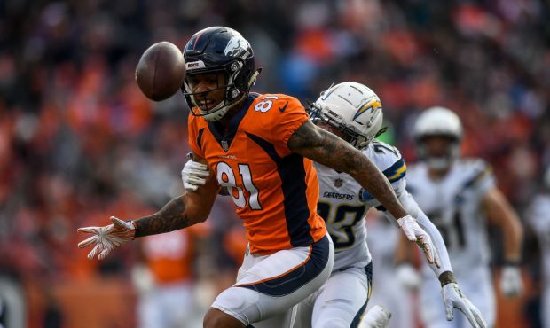 DENVER, CO - DECEMBER 30:  Wide receiver Tim Patrick #81 of the Denver Broncos fails to make a catc...
