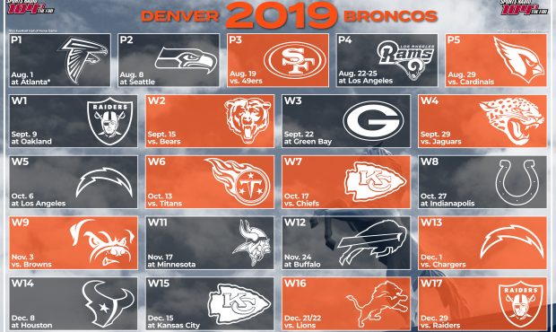 Denver Broncos 2019 preseason and regular season schedule....