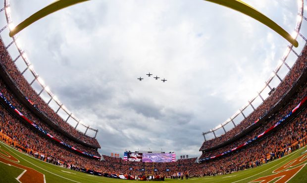 General view of a flyover at Broncos Stadium at Mile High before the NFL regular season football ga...