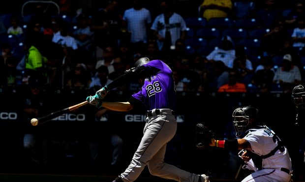 MIAMI, FL - MARCH 31: Nolan Arenado #28 of the Colorado Rockies at bat in the first inning against ...