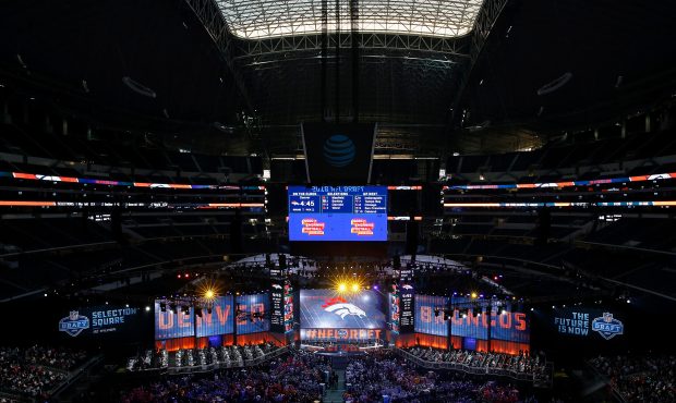 ARLINGTON, TX - APRIL 26:  The Denver Broncos logo is seen on a video board during the first round ...