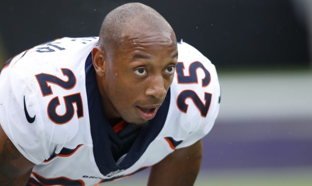 Chris Harris Jr. #25 of the Denver Broncos reacts as his blocked field goal return for touchdown is...
