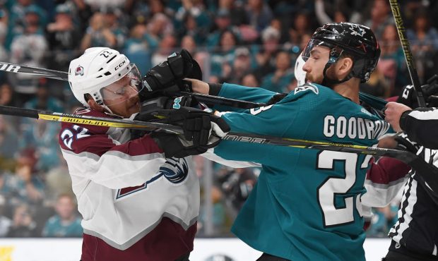 SAN JOSE, CA - MAY 04:  Colin Wilson #22 of the Colorado Avalanche and Barclay Goodrow #23 of the S...