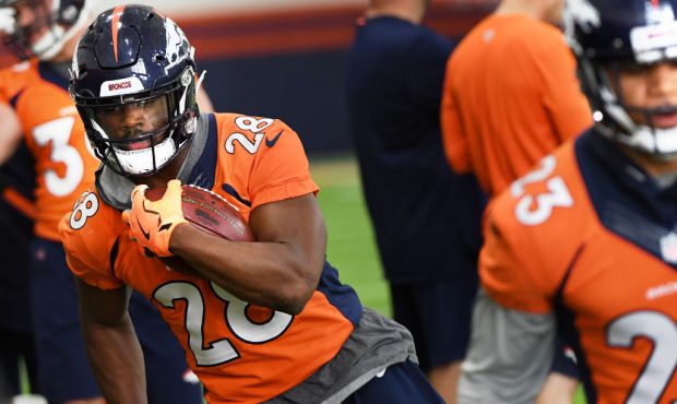 Denver Broncos running back Royce Freeman #28 during camp at UCHealth Training Center in Centennial...