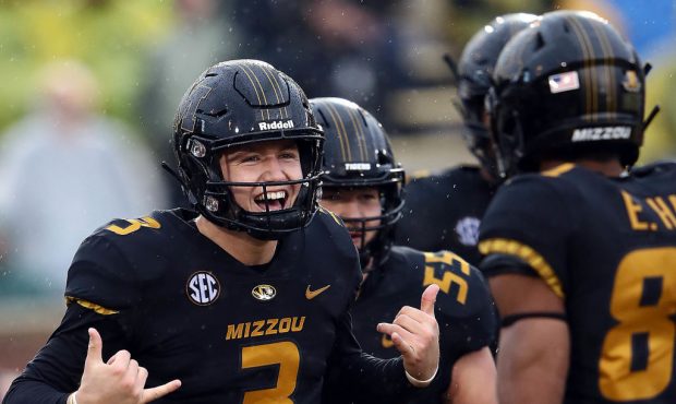 COLUMBIA, MISSOURI - NOVEMBER 23:  Quarterback Drew Lock #3 of the Missouri Tigers celebrates with ...