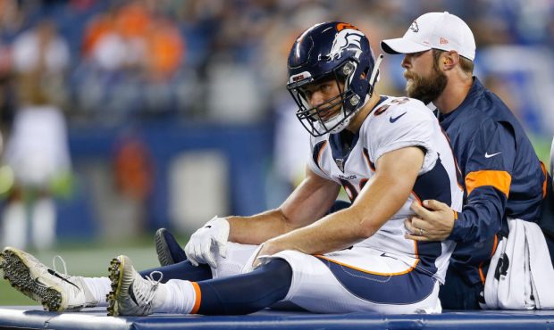 SEATTLE, WA - AUGUST 08:  Tight end Austin Fort #89 of the Denver Broncos leaves the game with an i...
