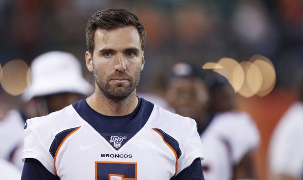 CANTON, OH - AUGUST 01: Joe Flacco #5 of the Denver Broncos looks on from the sideline in the first...