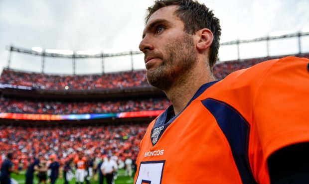 DENVER, CO - SEPTEMBER 15: Joe Flacco #5 of the Denver Broncos walks off the field after a 16-14 lo...