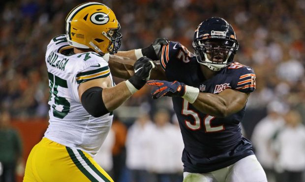 CHICAGO, ILLINOIS - SEPTEMBER 05: Khalil Mack #52 of the Chicago Bears rushes against Bryan Bulaga ...