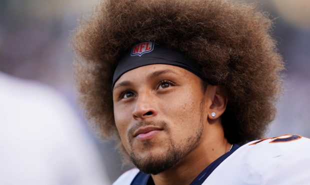 Running back Phillip Lindsay #30 of the Denver Broncos looks on prior to their game against the Oak...