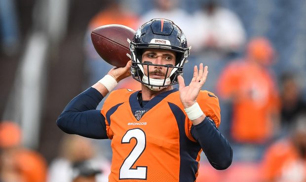 DENVER, CO - OCTOBER 17:  Brandon Allen #2 of the Denver Broncos warms up before a game against the...