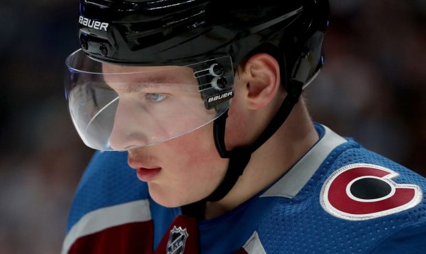 DENVER, COLORADO - APRIL 17: Cale Makar #8 of the Colorado Avalanche plays the Calgary Flames durin...