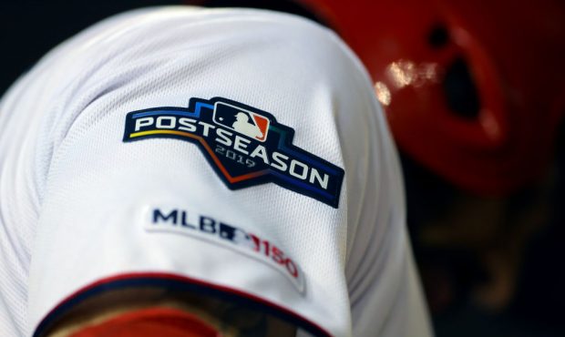 WASHINGTON, DC - OCTOBER 01: A detail shot of the Postseason on the sleeve of Trea Turner #7 of the...