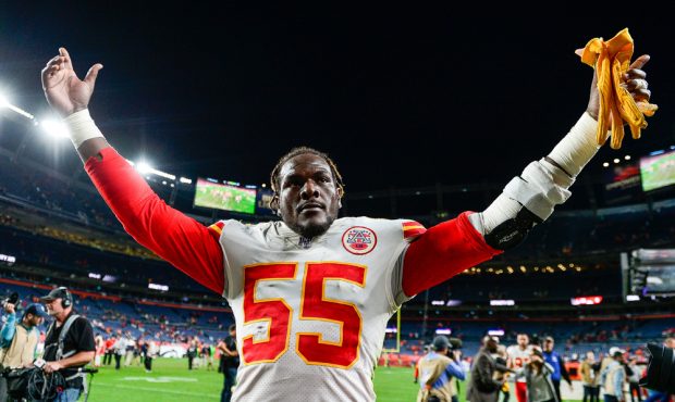 DENVER, CO - OCTOBER 17: Frank Clark #55 of the Kansas City Chiefs celebrates a 30-6 win over the D...