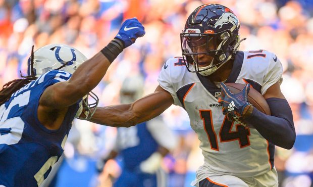 INDIANAPOLIS, IN - OCTOBER 27: Courtland Sutton #14 of the Denver Broncos makes a first down catch ...