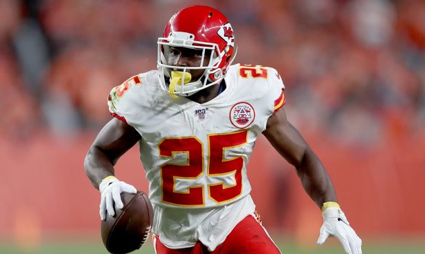 DENVER, COLORADO - OCTOBER 17: Running back LeSean McCoy #25 of the Kansas City Chiefs runs against...