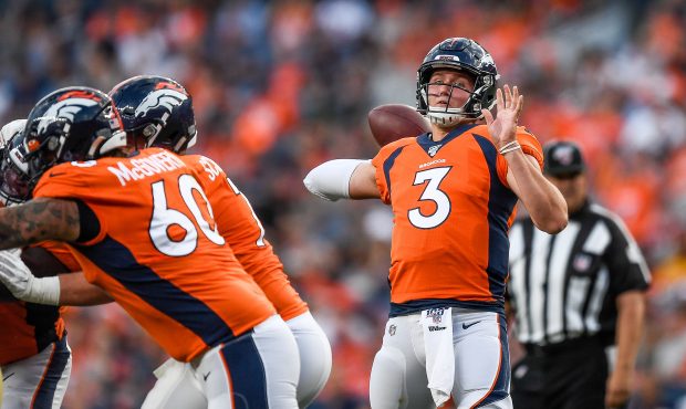 DENVER, CO - AUGUST 19:  Quarterback Drew Lock #3 of the Denver Broncos passes against the San Fran...