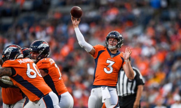 DENVER, CO - AUGUST 19:  Quarterback Drew Lock #3 of the Denver Broncos passes against the San Fran...
