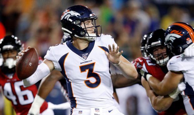 CANTON, OH - AUGUST 01: Drew Lock #3 of the Denver Broncos throws a pass in the first half of a pre...
