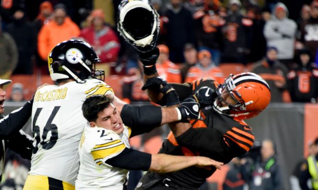 CLEVELAND, OHIO - NOVEMBER 14: Quarterback Mason Rudolph #2 of the Pittsburgh Steelers fights with ...