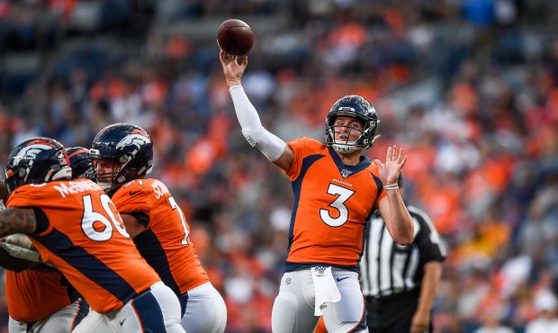 DENVER, CO - AUGUST 19:  Quarterback Drew Lock #3 of the Denver Broncos passes against the San Fran...