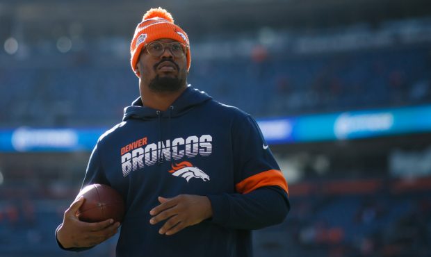 DENVER, CO - DECEMBER 1: Linebacker Von Miller #58 of the Denver Broncos stands on the field during...