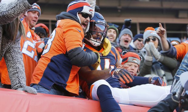 DENVER, CO - DECEMBER 01: Denver Broncos wide receiver Courtland Sutton (14) jumps into the crowd t...