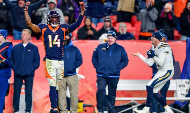 DENVER, CO - DECEMBER 1: Courtland Sutton #14 of the Denver Broncos celebrates as Philip Rivers #17...