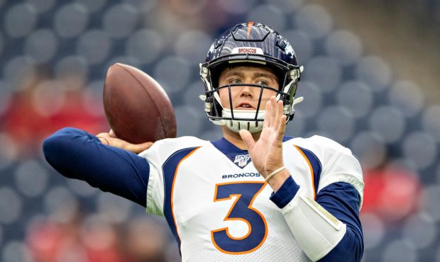 HOUSTON, TX - DECEMBER 8:  Drew Lock #3 of the Denver Broncos warms before a game against the Houst...