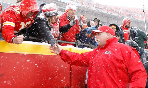 KANSAS CITY, MISSOURI - DECEMBER 15: Head coach Andy Reid of the Kansas City Chiefs greets fans fol...
