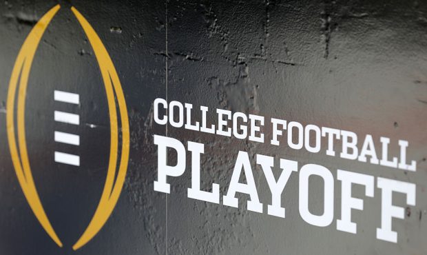 The College Football Playoff logo is seen before the 2017 College Football Playoff National Champio...