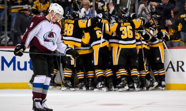 PITTSBURGH, PA - OCTOBER 16: Colorado Avalanche Defenseman Cale Makar (8) skates off the ice as the...