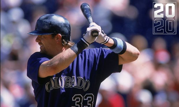 Larry Walker #33 of the Colorado Rockies at bat during the game against the Cincinnati Reds at Wrig...