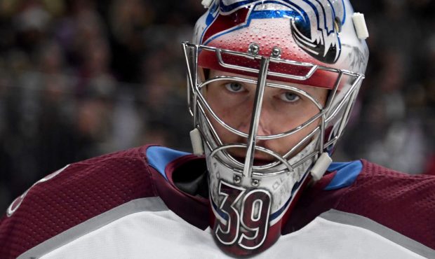 Pavel Francouz #39 of the Colorado Avalanche takes a break during a stop in play in the second peri...