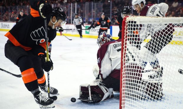 Colorado Avalanche Goalie Philipp Grubauer (31) blocks Philadelphia Flyers Right Wing Nicolas Aube-...