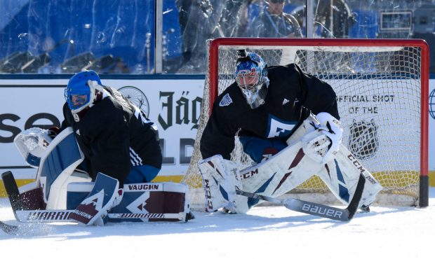 (L-R) Goaltenders Pavel Francouz #39 and Philipp Grubauer #31 of the Colorado Avalanche defend thei...