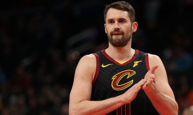 Kevin Love #0 of the Cleveland Cavaliers looks on against the Washington Wizards during the first h...