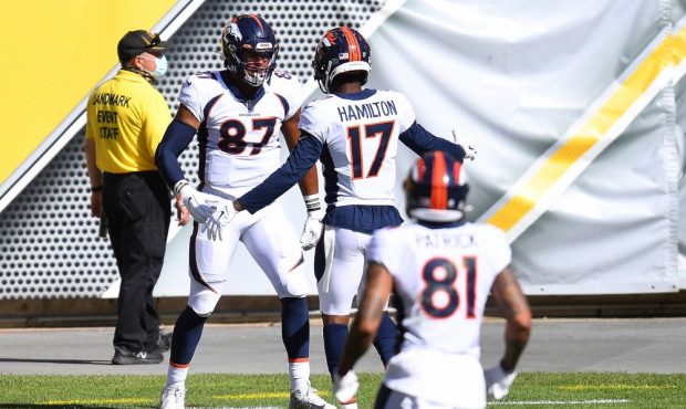 PITTSBURGH, PA - SEPTEMBER 20: Noah Fant #87 celebrates his touchdown with DaeSean Hamilton #17 of ...