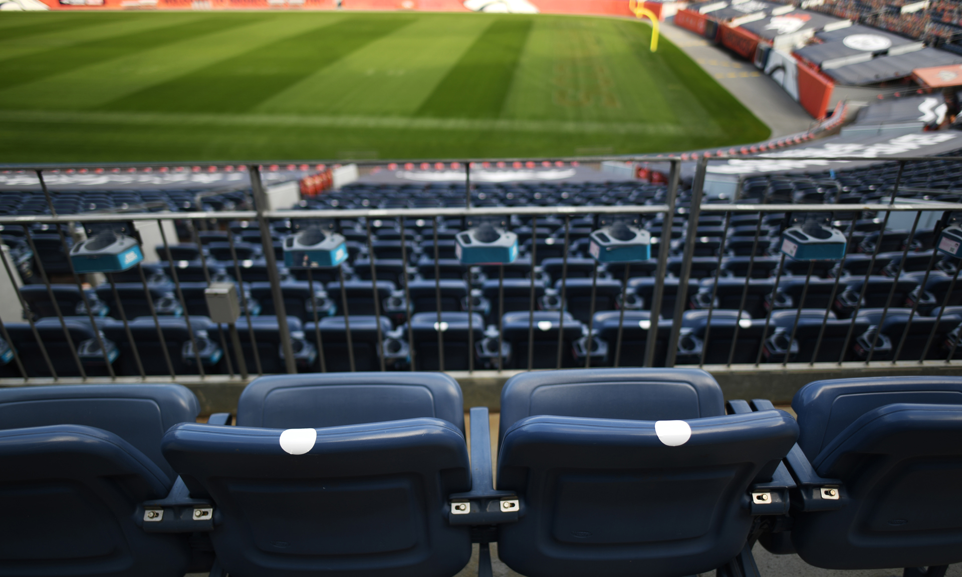 White Stickers are attached the seats for 5,700 fans at Empower Field at Mile High in Denver, Colorado on Tuesday. September 22, 2020. That comes out to 7.49% of the stadium"u2019s capacity (76,125). Sections of stadium are separated into 30 groups limit exposure between fans with each defined area assigned restrooms and concessions for Sept. 27 Denver Broncos game against Tampa Bay Buccaneers. (Photo by Hyoung Chang/MediaNews Group/The Denver Post via Getty Images)