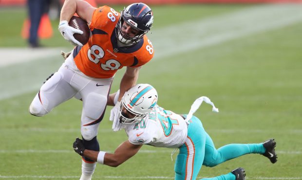 DENVER, COLORADO - NOVEMBER 22: Nick Vannett #88 of the Denver Broncos runs after his catch as he i...