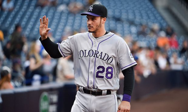 SAN DIEGO, CALIFORNIA - JUNE 5: Nolan Arenado #28 of the Colorado Rockies waves to fans before a ba...