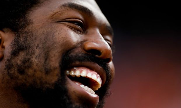 DENVER, CO - AUGUST 29: Defensive tackle Shelby Harris #96 of the Denver Broncos laughs on the side...