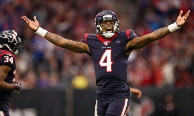 HOUSTON, TEXAS - JANUARY 04: Quarterback Deshaun Watson #4 of the Houston Texans reacts to a non ca...