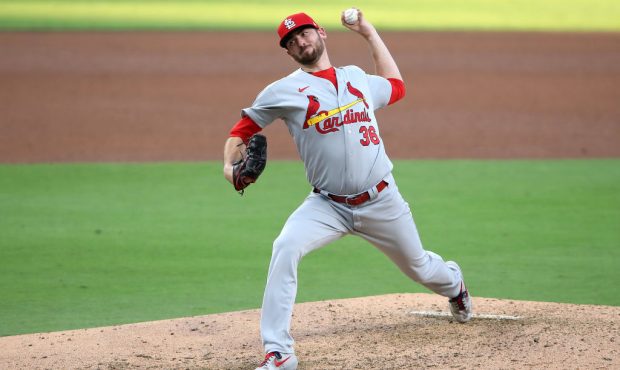 SAN DIEGO, CALIFORNIA - OCTOBER 01: Austin Gomber #36 of the St. Louis Cardinals pitches during the...